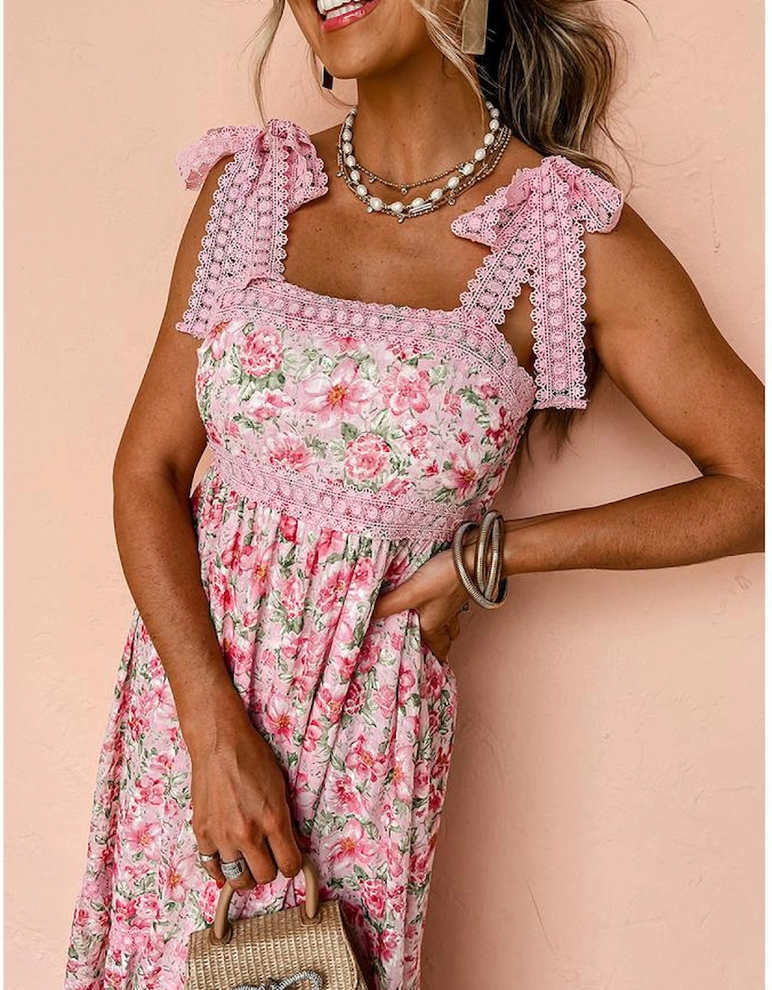 Pink Floral Lace Tied Strap Empire Waist Maxi Dress