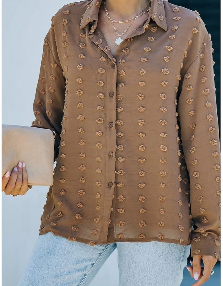 Brown Long Sleeve Button Fuzzy Polka Dot Shirt