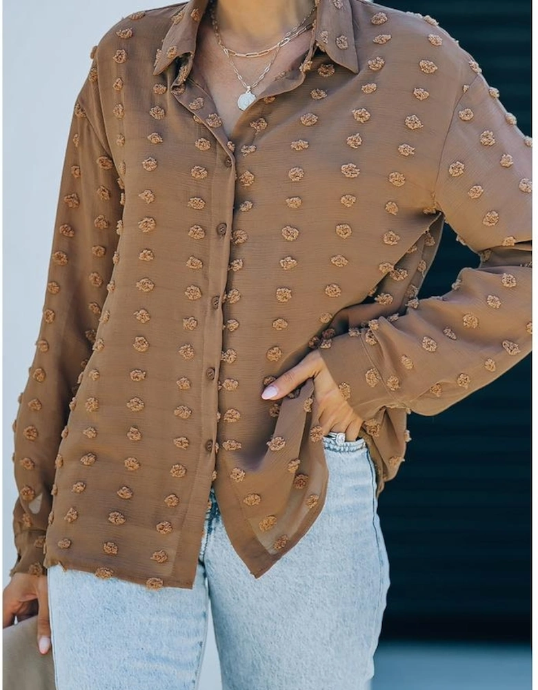 Brown Long Sleeve Button Fuzzy Polka Dot Shirt