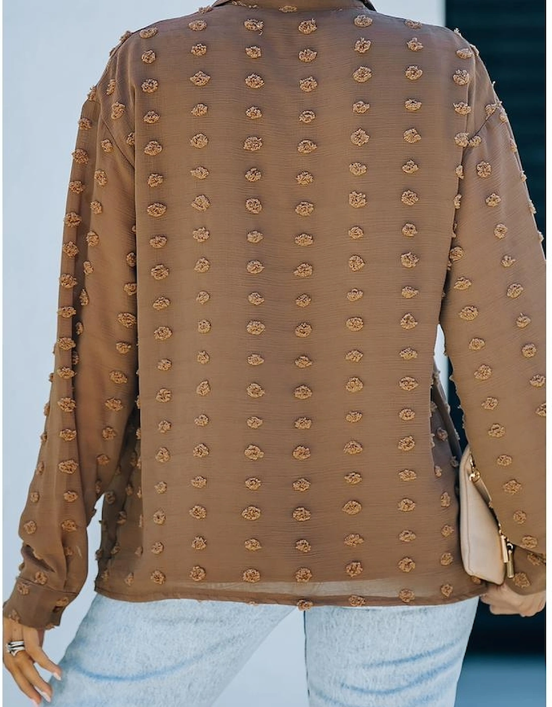 Brown Long Sleeve Button Fuzzy Polka Dot Shirt