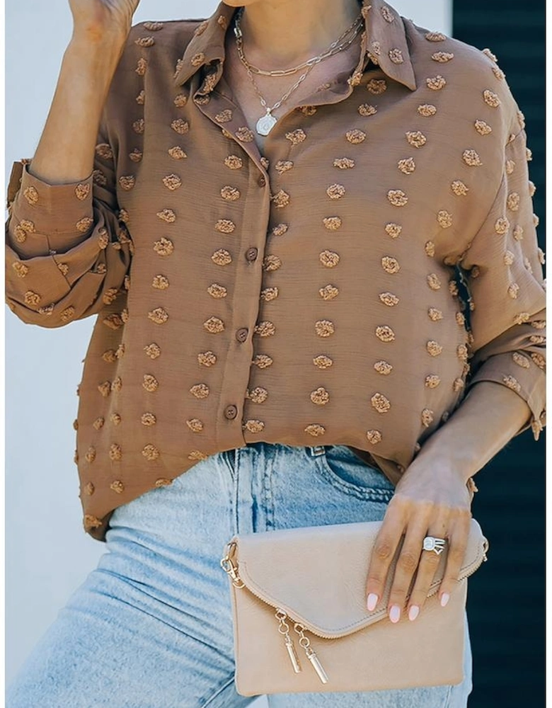 Brown Long Sleeve Button Fuzzy Polka Dot Shirt