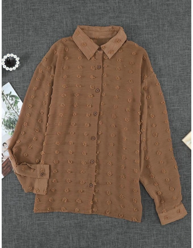 Brown Long Sleeve Button Fuzzy Polka Dot Shirt
