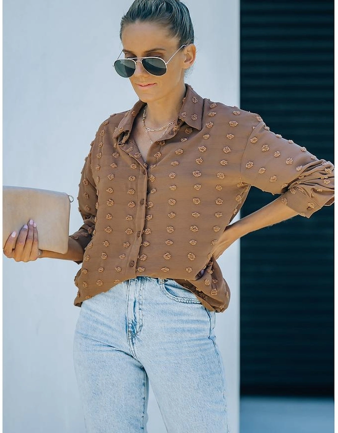 Brown Long Sleeve Button Fuzzy Polka Dot Shirt