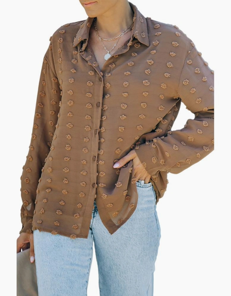 Brown Long Sleeve Button Fuzzy Polka Dot Shirt