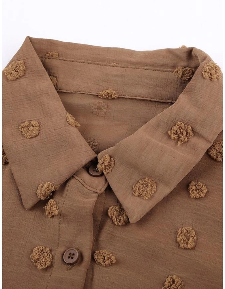 Brown Long Sleeve Button Fuzzy Polka Dot Shirt