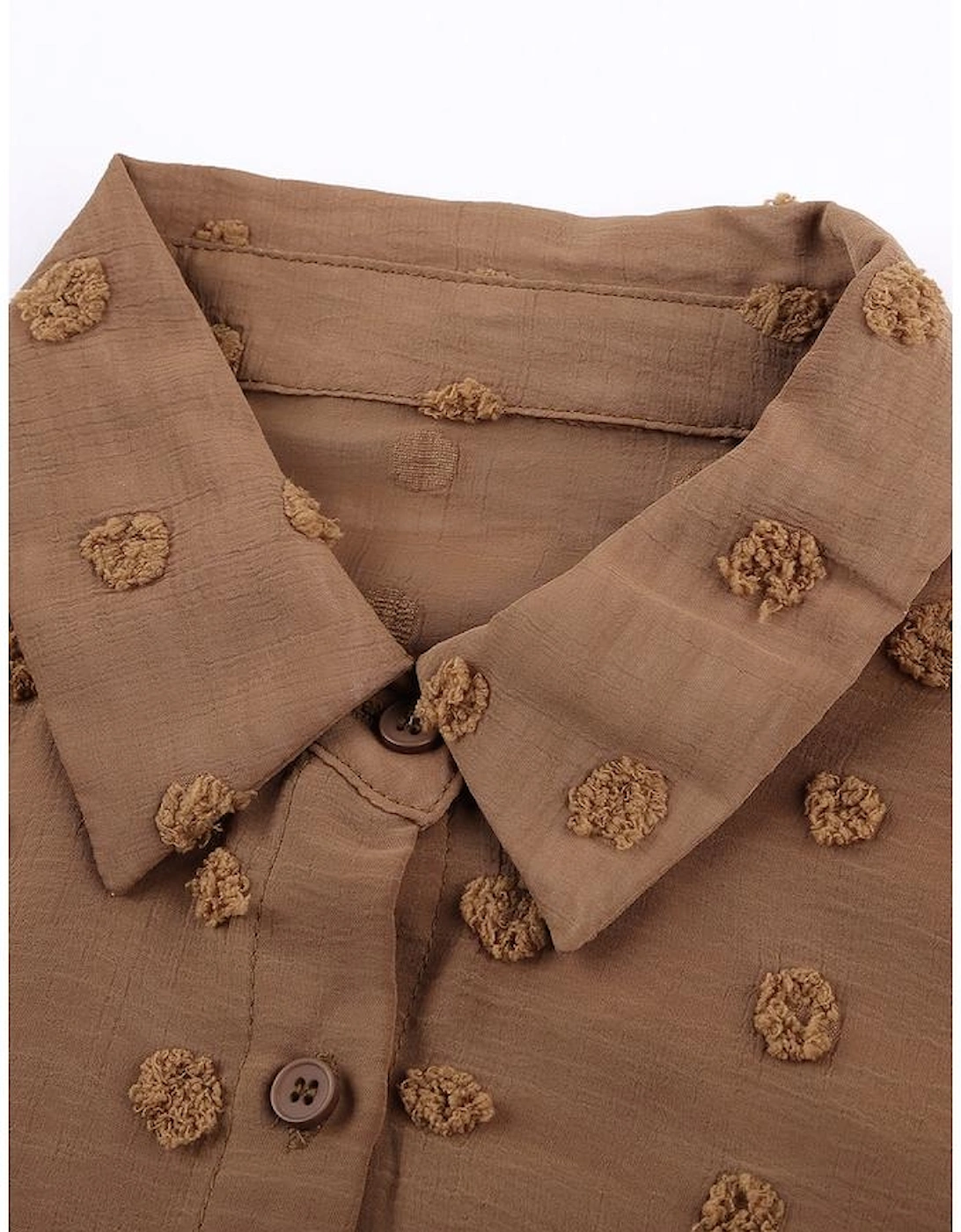 Brown Long Sleeve Button Fuzzy Polka Dot Shirt