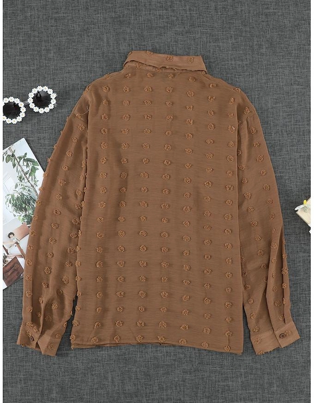 Brown Long Sleeve Button Fuzzy Polka Dot Shirt