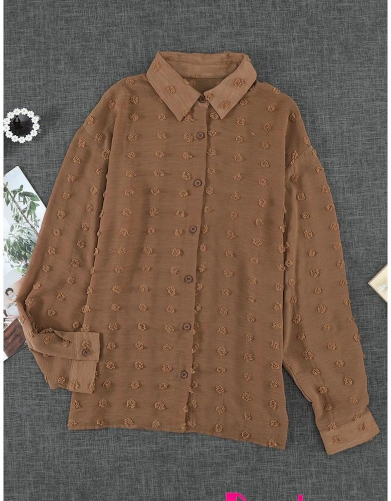 Brown Long Sleeve Button Fuzzy Polka Dot Shirt