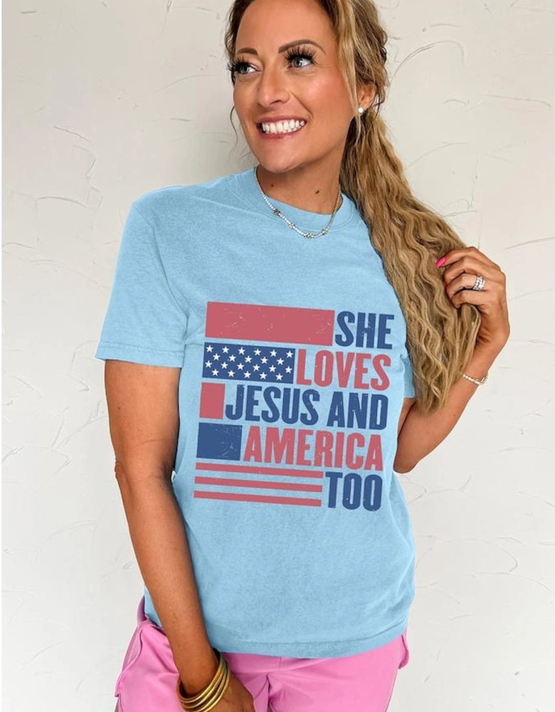 Light Blue SHE LOVES JESUS AND AMERICA TOO Flag Graphic T Shirt