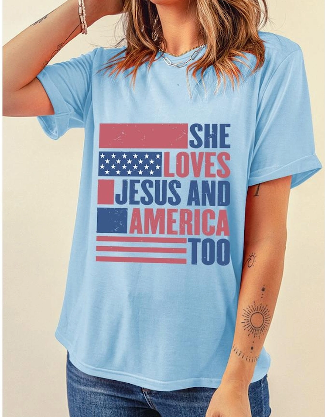 Light Blue SHE LOVES JESUS AND AMERICA TOO Flag Graphic T Shirt