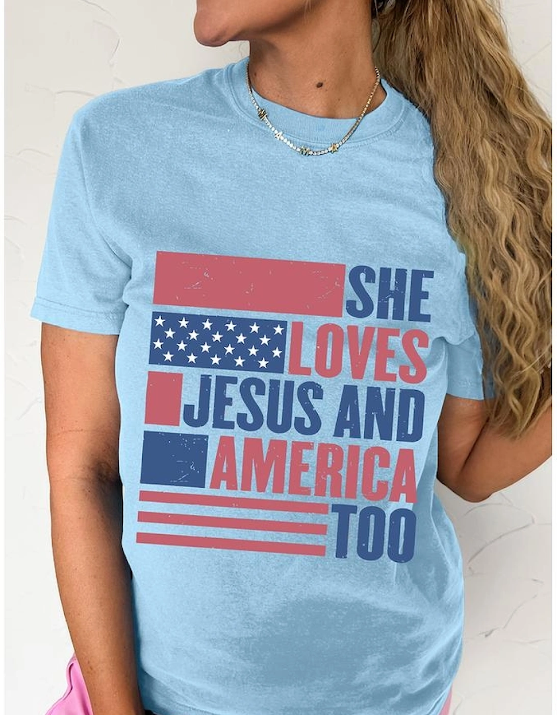 Light Blue SHE LOVES JESUS AND AMERICA TOO Flag Graphic T Shirt, 10 of 9