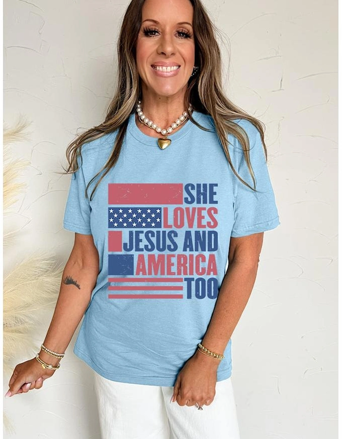 Light Blue SHE LOVES JESUS AND AMERICA TOO Flag Graphic T Shirt