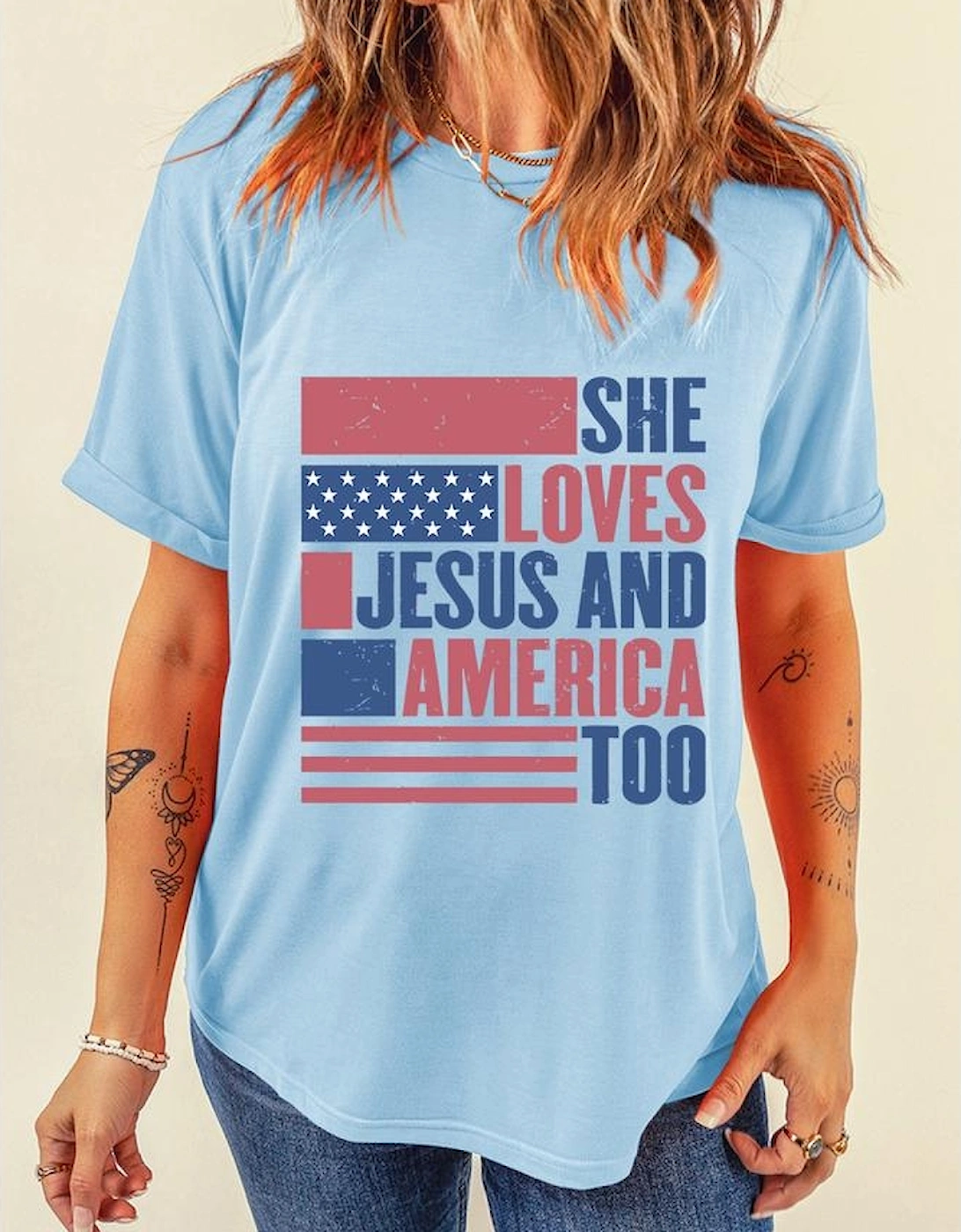 Light Blue SHE LOVES JESUS AND AMERICA TOO Flag Graphic T Shirt
