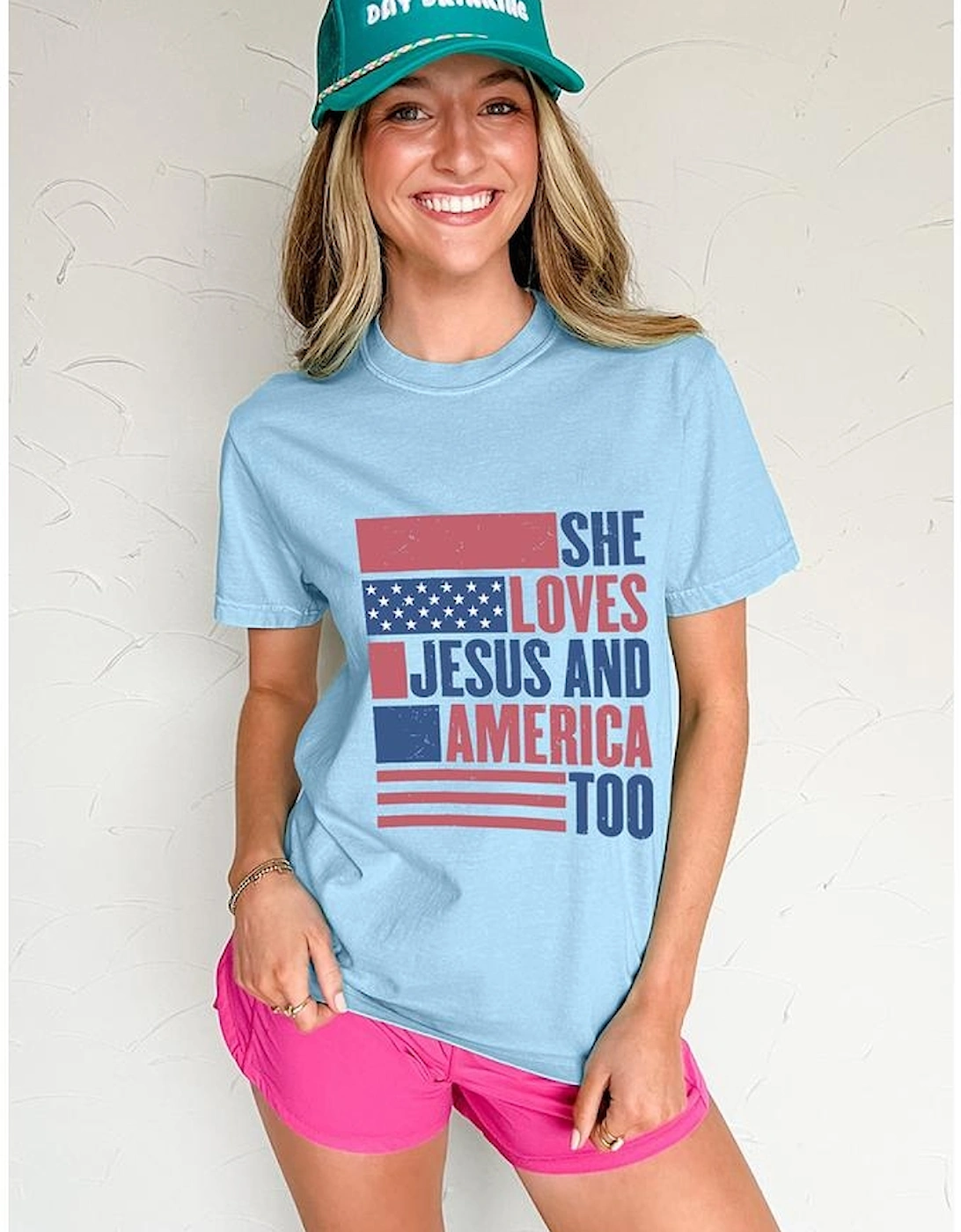 Light Blue SHE LOVES JESUS AND AMERICA TOO Flag Graphic T Shirt
