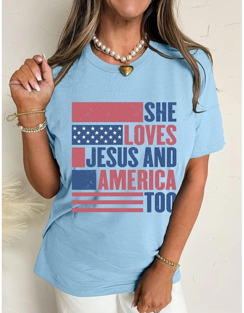 Light Blue SHE LOVES JESUS AND AMERICA TOO Flag Graphic T Shirt