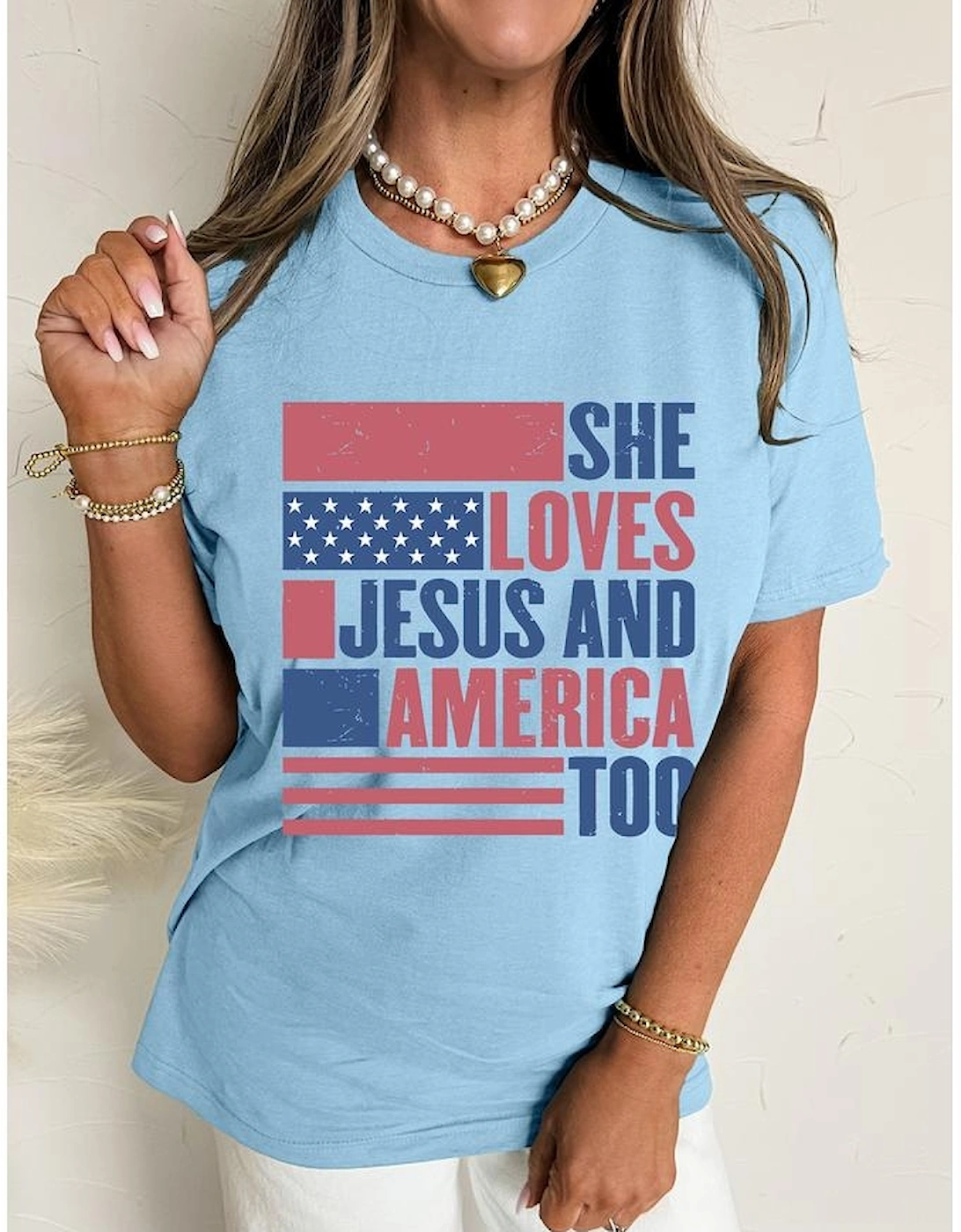 Light Blue SHE LOVES JESUS AND AMERICA TOO Flag Graphic T Shirt