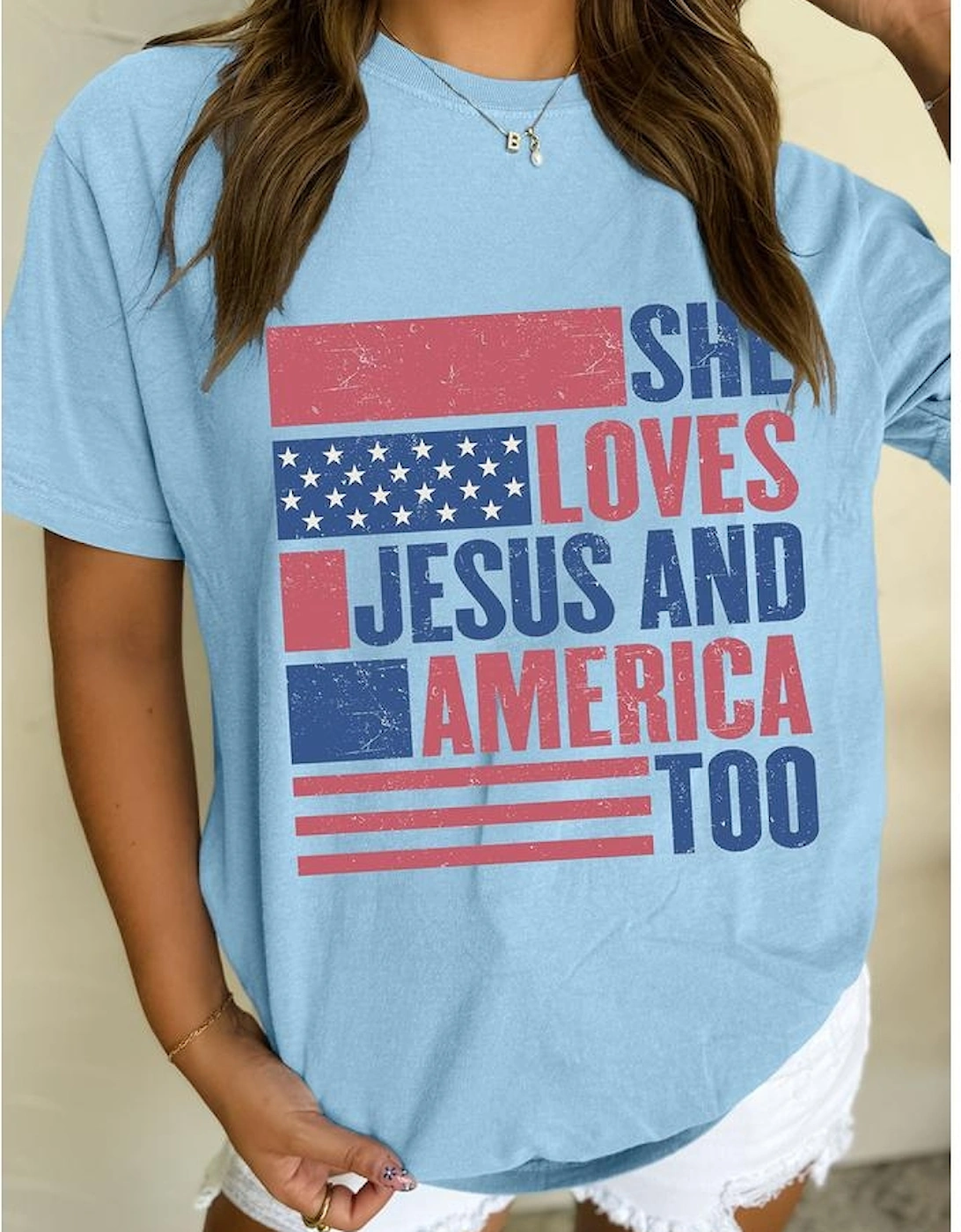 Light Blue SHE LOVES JESUS AND AMERICA TOO Flag Graphic T Shirt