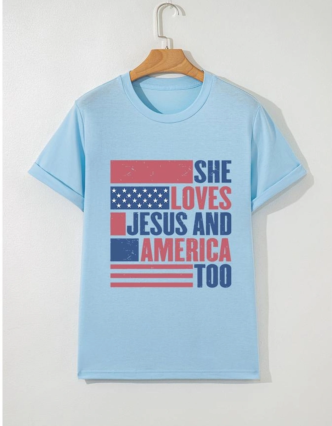 Light Blue SHE LOVES JESUS AND AMERICA TOO Flag Graphic T Shirt