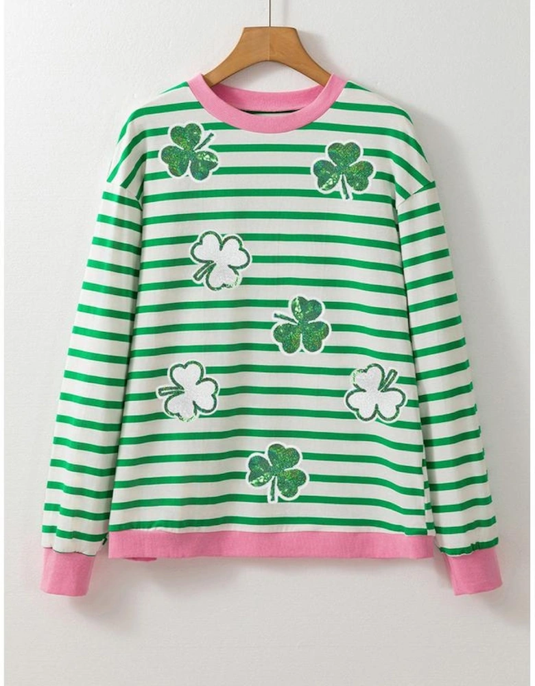 Bright Green Striped Sequin Clover Graphic Colorblock Long Sleeve St Patrick Top