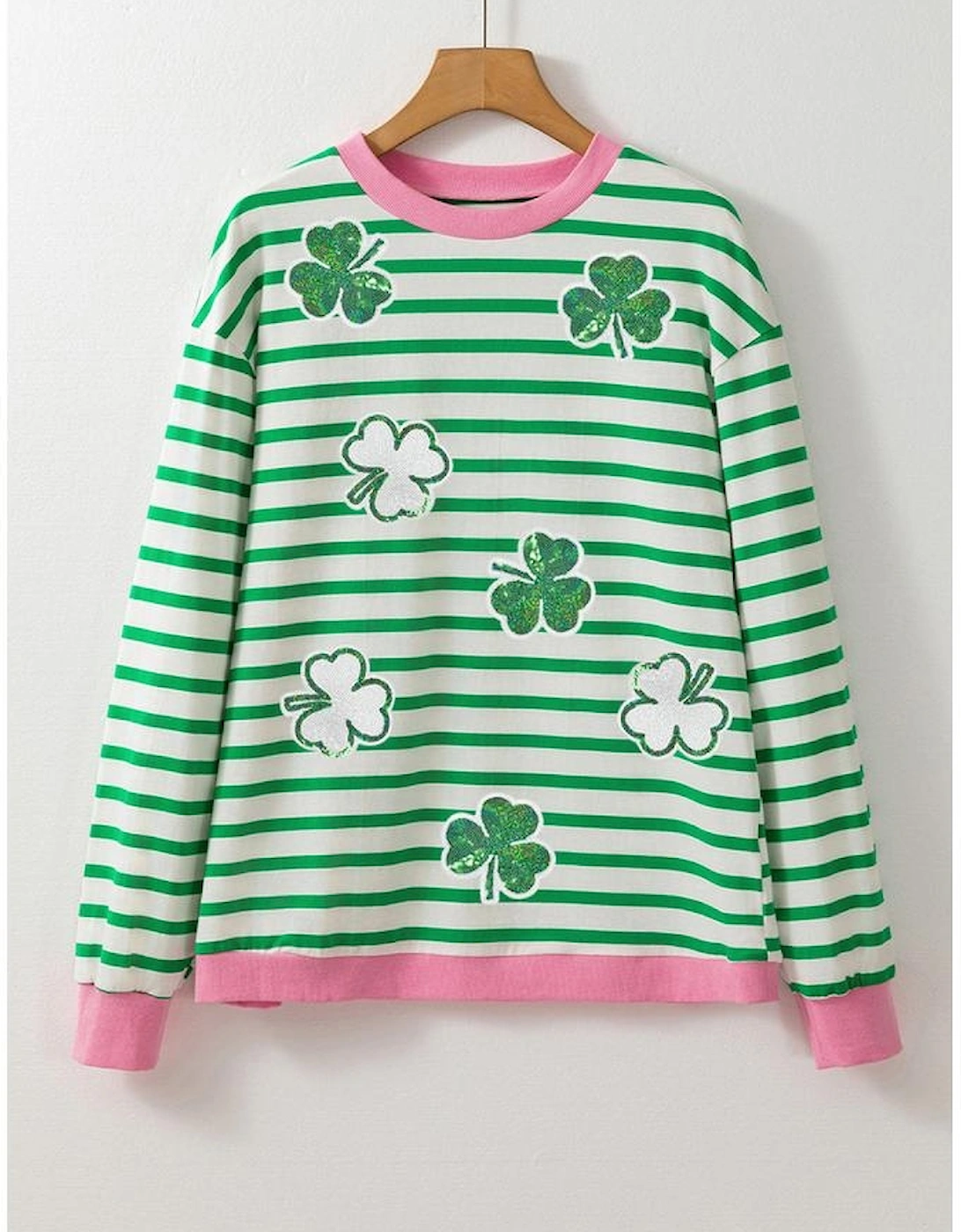 Bright Green Striped Sequin Clover Graphic Colorblock Long Sleeve St Patrick Top