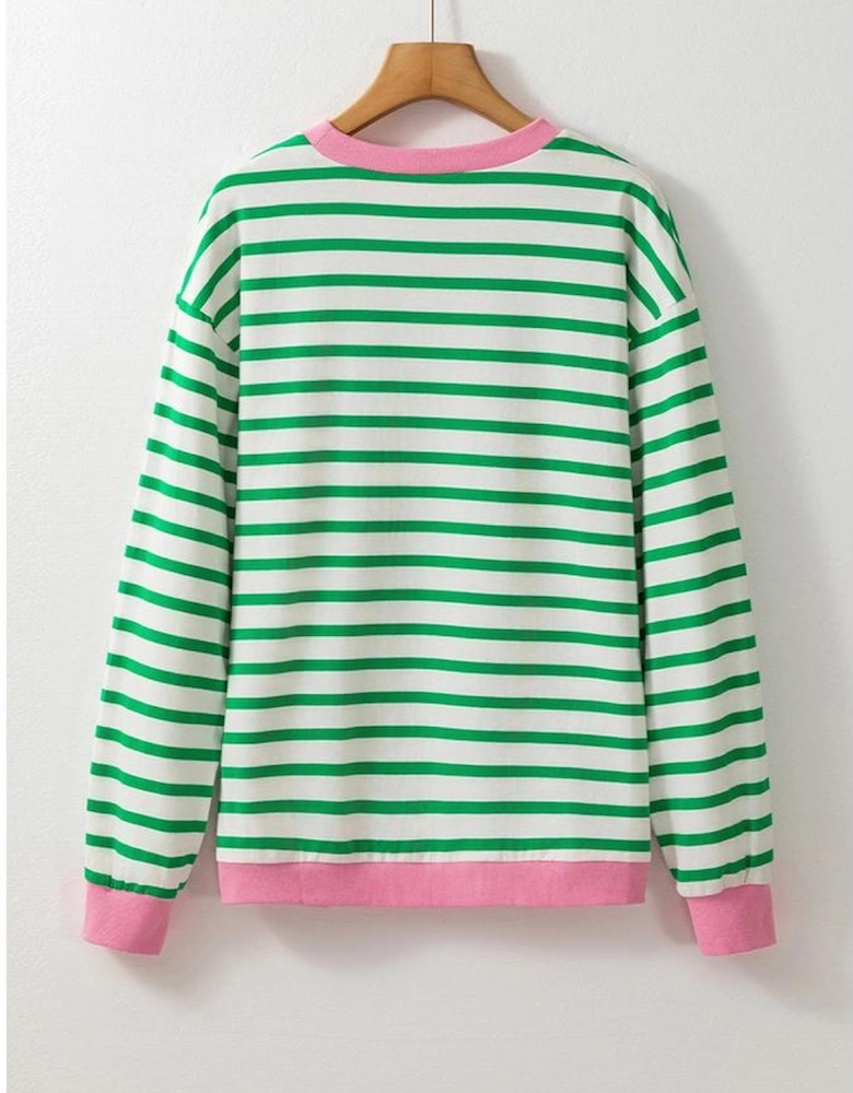 Bright Green Striped Sequin Clover Graphic Colorblock Long Sleeve St Patrick Top