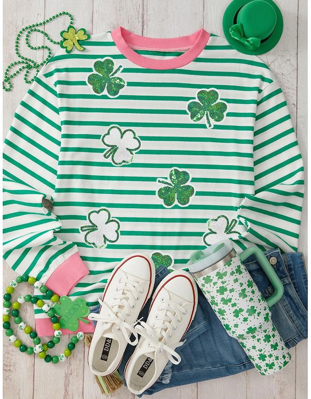 Bright Green Striped Sequin Clover Graphic Colorblock Long Sleeve St Patrick Top, 6 of 5