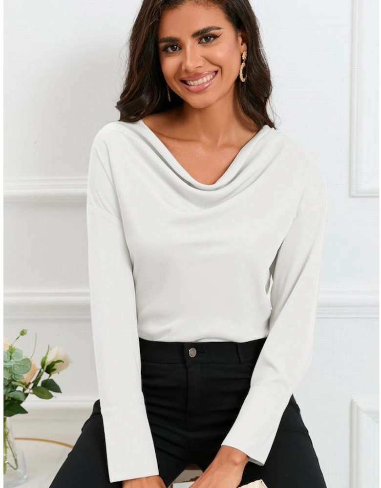 Azura Exchange White Cowl Neck Long Sleeve Elegant Blouse