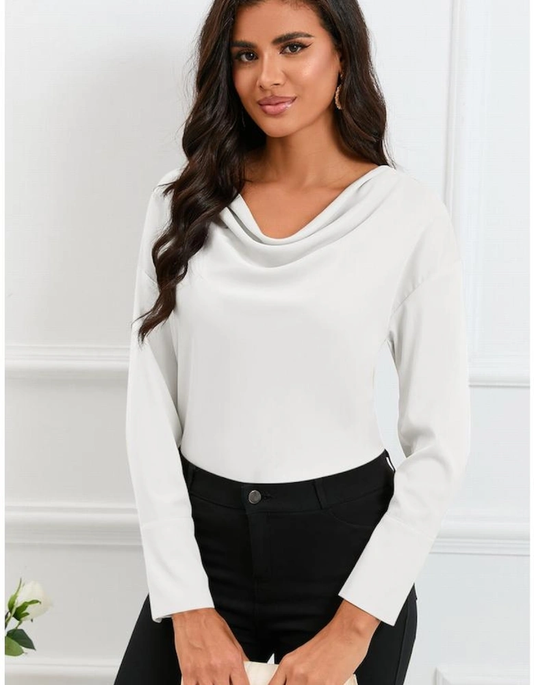 Azura Exchange White Cowl Neck Long Sleeve Elegant Blouse