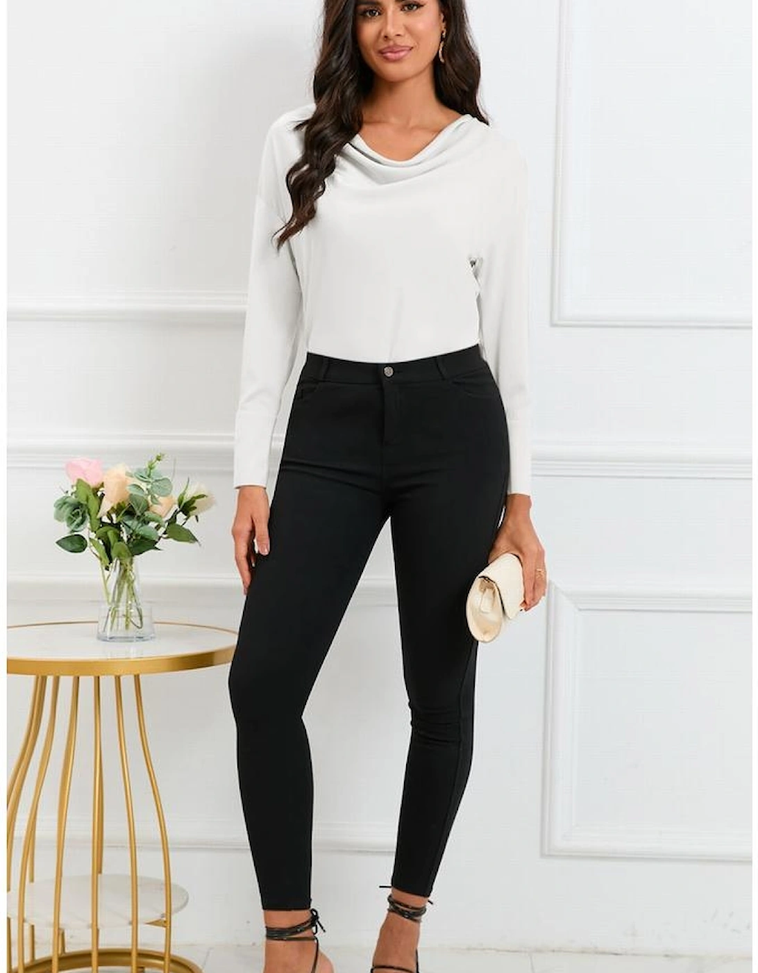 Azura Exchange White Cowl Neck Long Sleeve Elegant Blouse