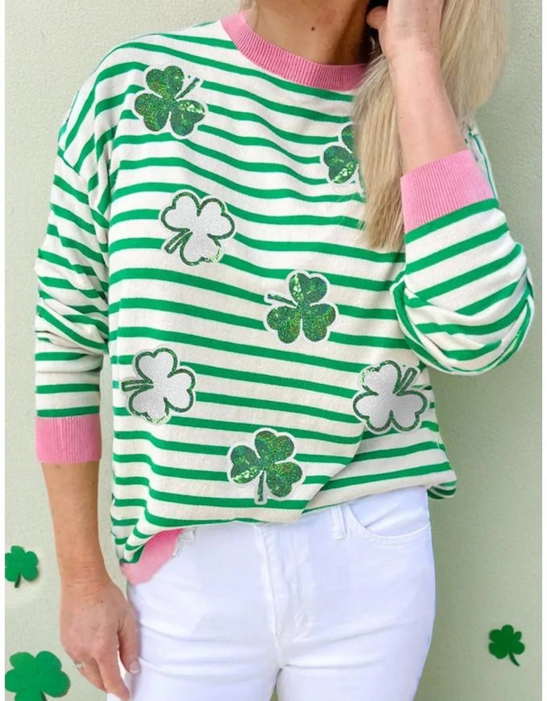 Bright Green Striped Sequin Clover Graphic Colorblock Long Sleeve St Patrick Top