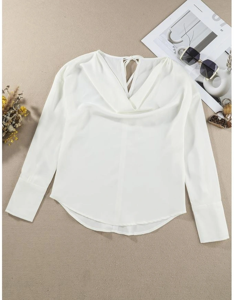 Azura Exchange White Cowl Neck Long Sleeve Elegant Blouse