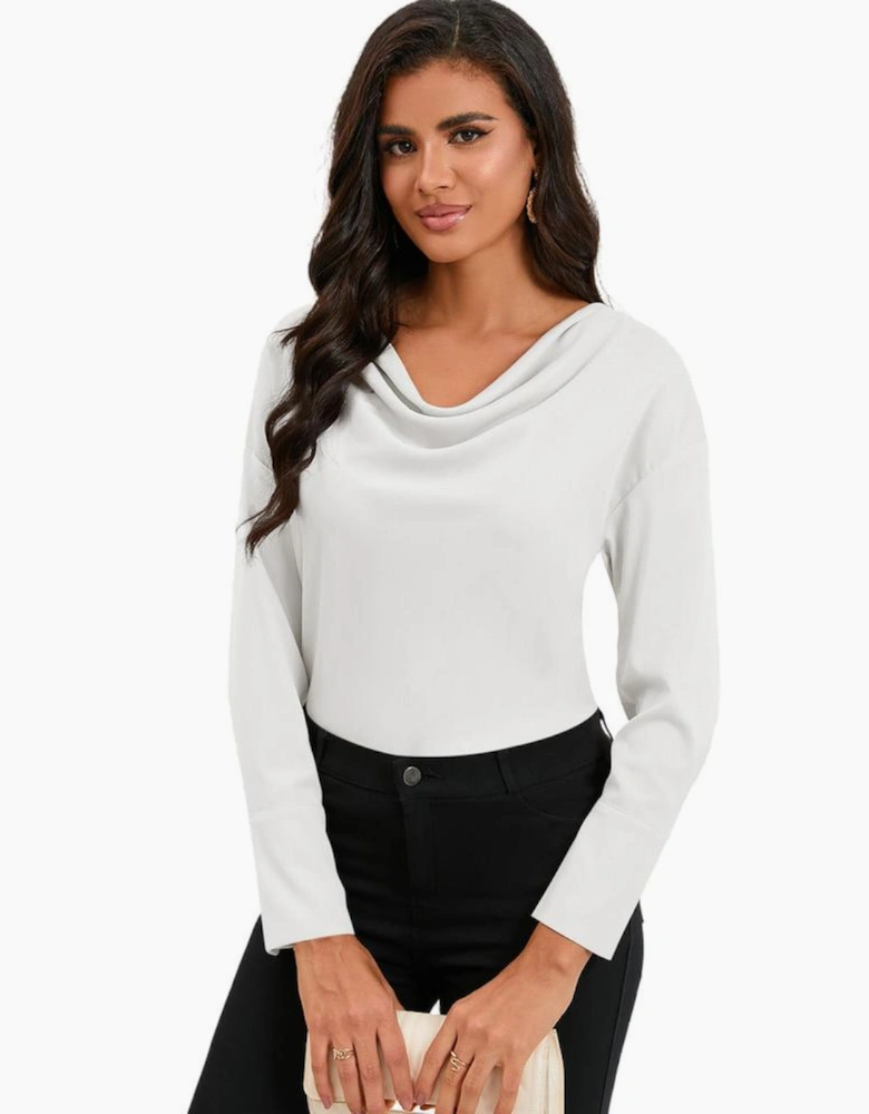 Azura Exchange White Cowl Neck Long Sleeve Elegant Blouse