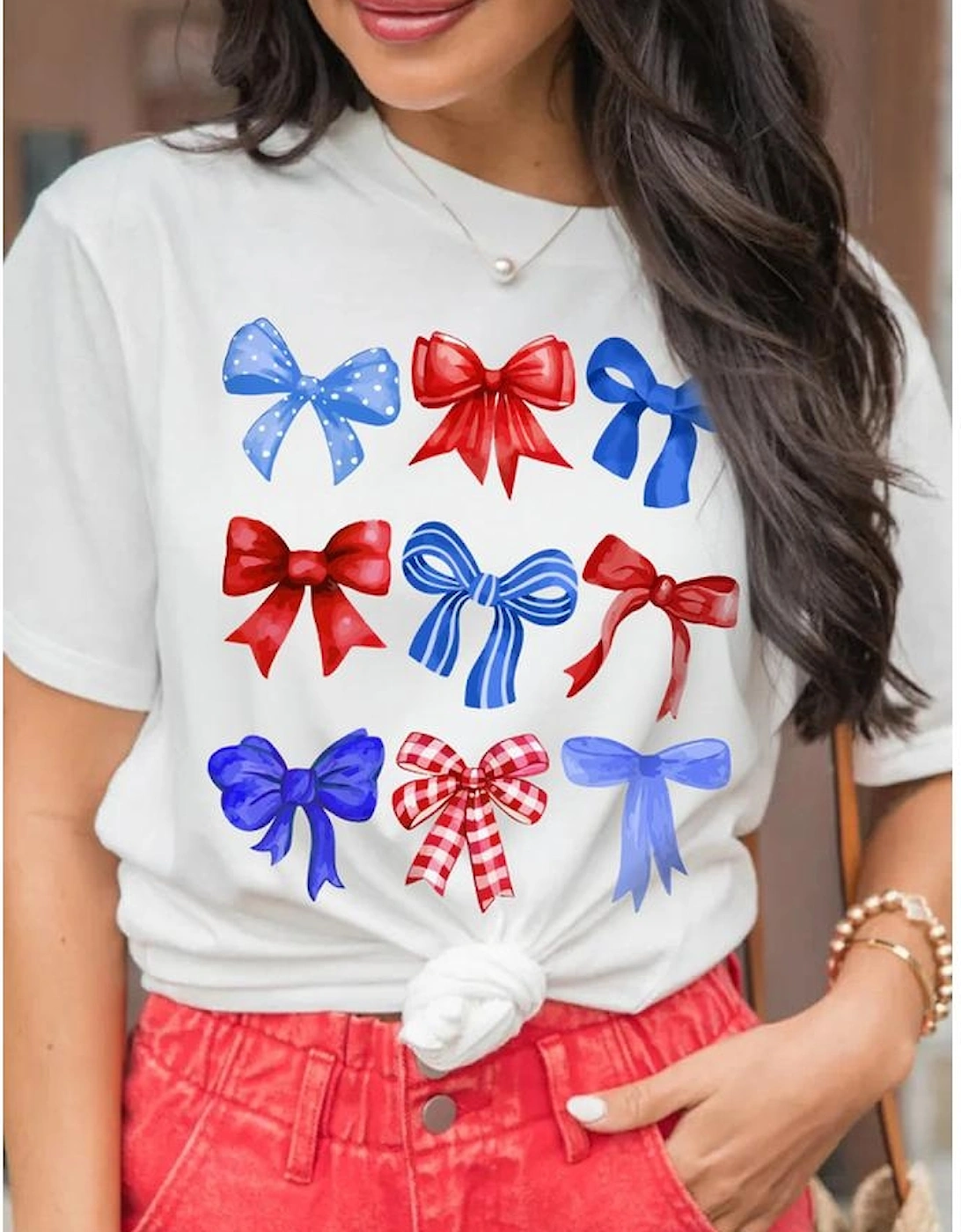 White USA Inspire Bow Print Crewneck Independence Day Tee