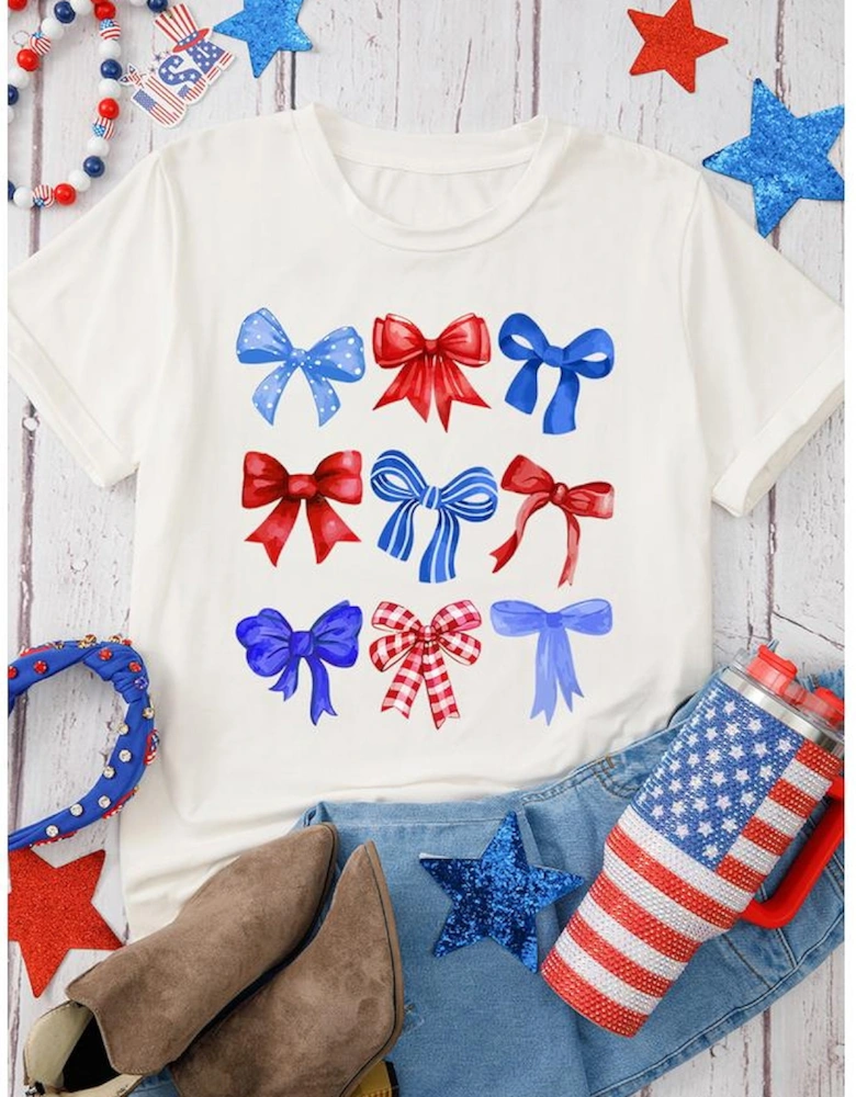 White USA Inspire Bow Print Crewneck Independence Day Tee