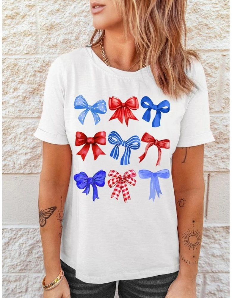 White USA Inspire Bow Print Crewneck Independence Day Tee
