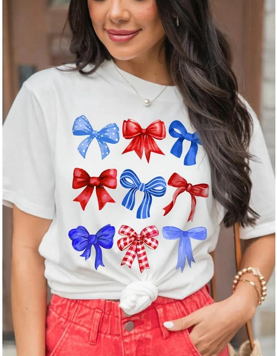 White USA Inspire Bow Print Crewneck Independence Day Tee