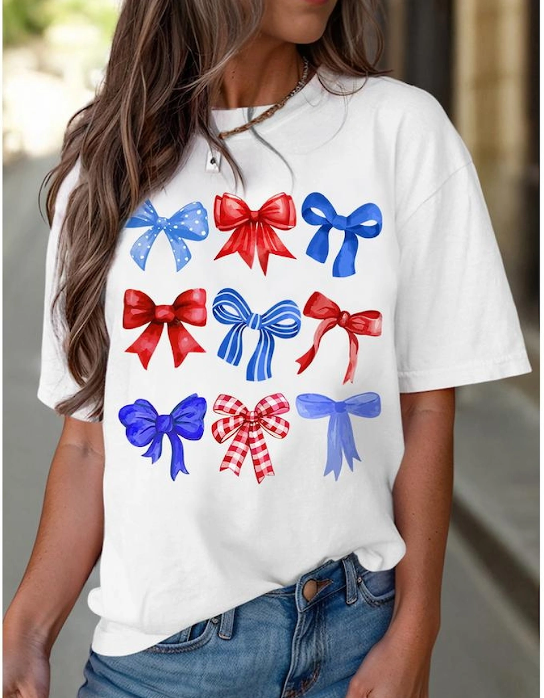 White USA Inspire Bow Print Crewneck Independence Day Tee