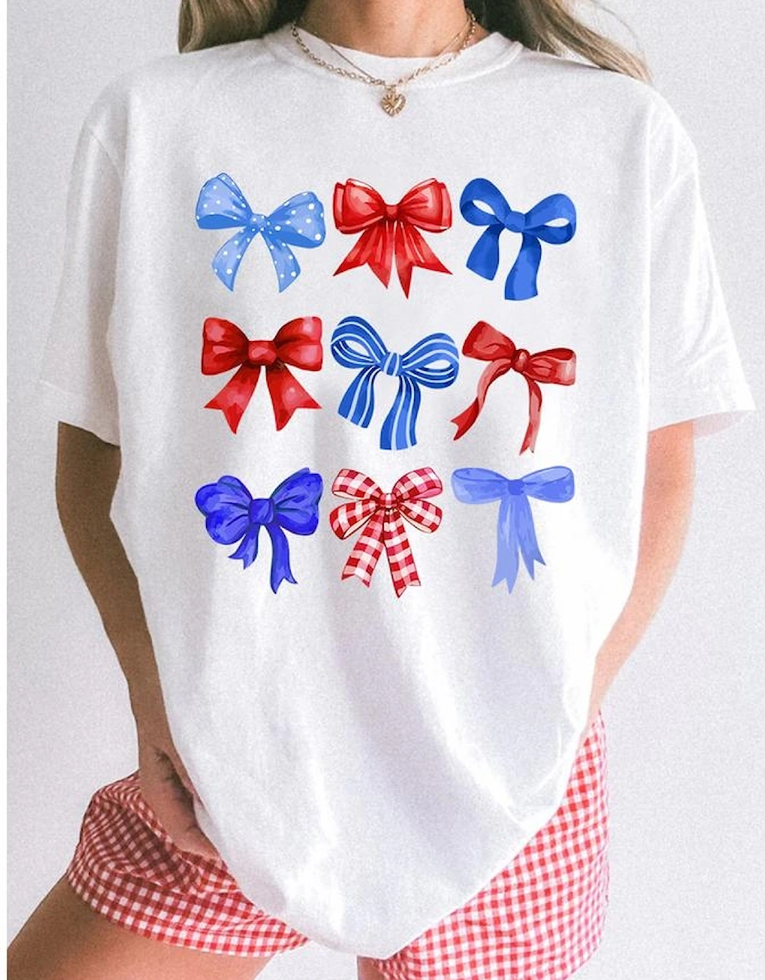 White USA Inspire Bow Print Crewneck Independence Day Tee