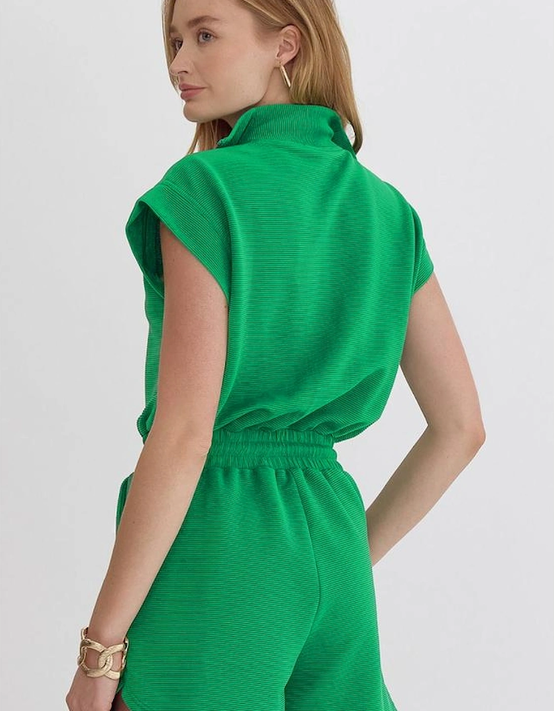 Bright Green Textured Short Sleeve Half Zip Drawstring Waist Romper