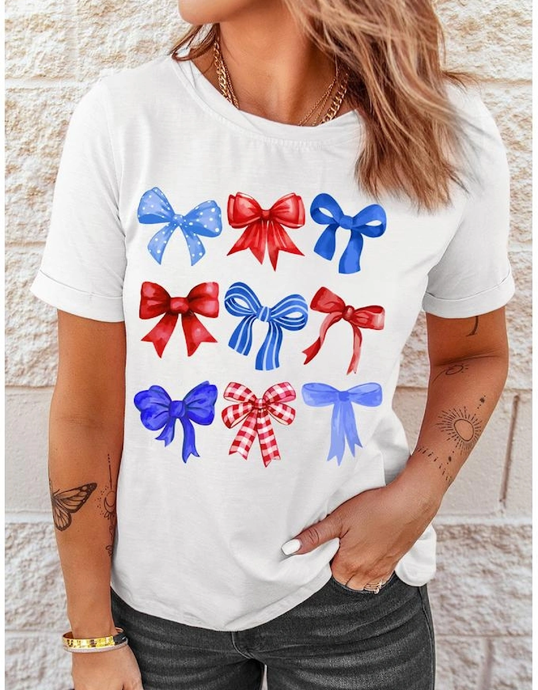 White USA Inspire Bow Print Crewneck Independence Day Tee