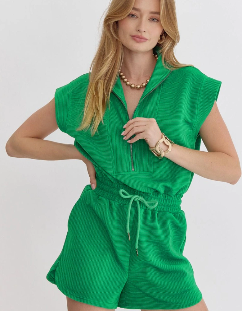 Bright Green Textured Short Sleeve Half Zip Drawstring Waist Romper
