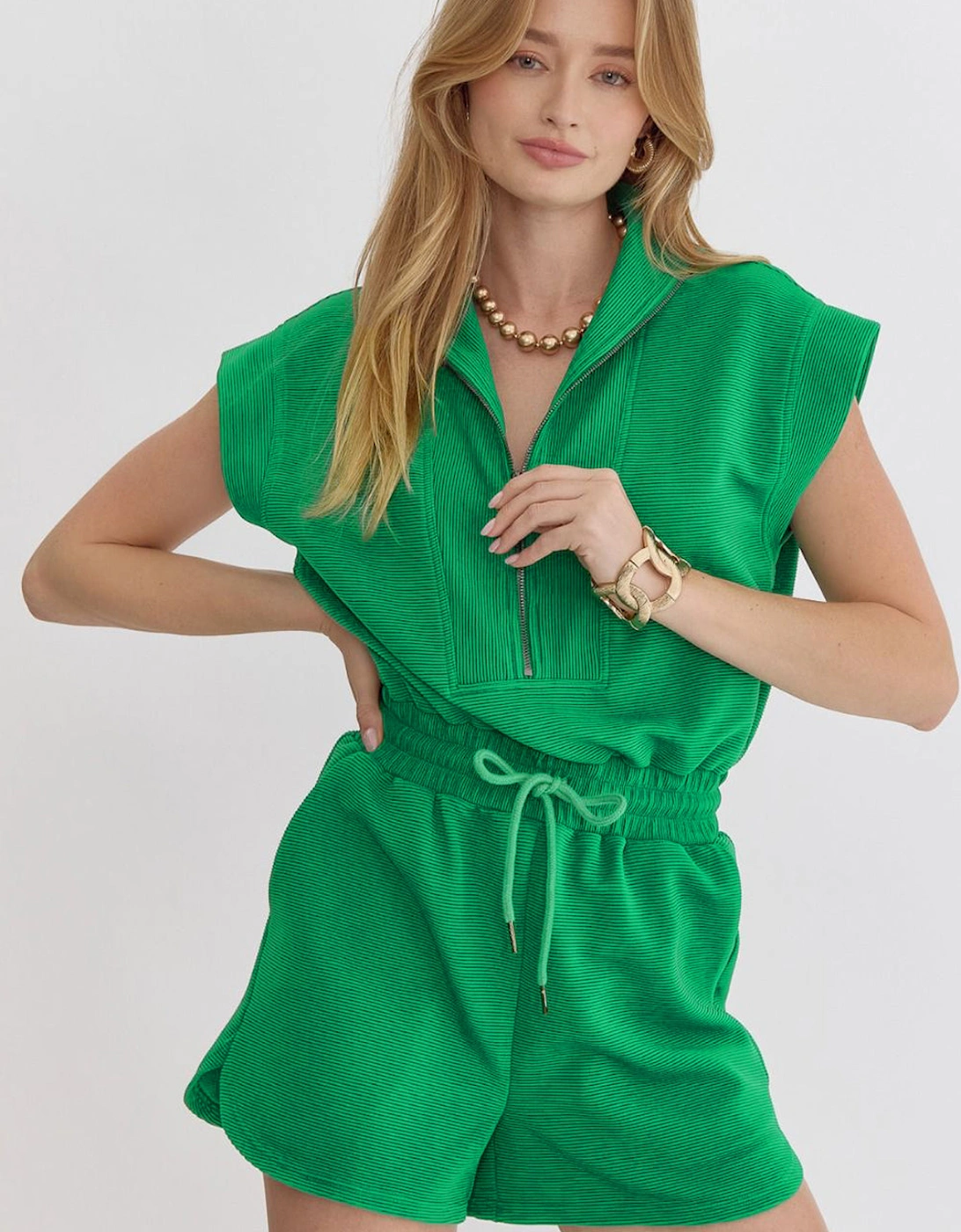 Bright Green Textured Short Sleeve Half Zip Drawstring Waist Romper