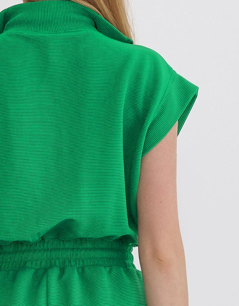 Bright Green Textured Short Sleeve Half Zip Drawstring Waist Romper