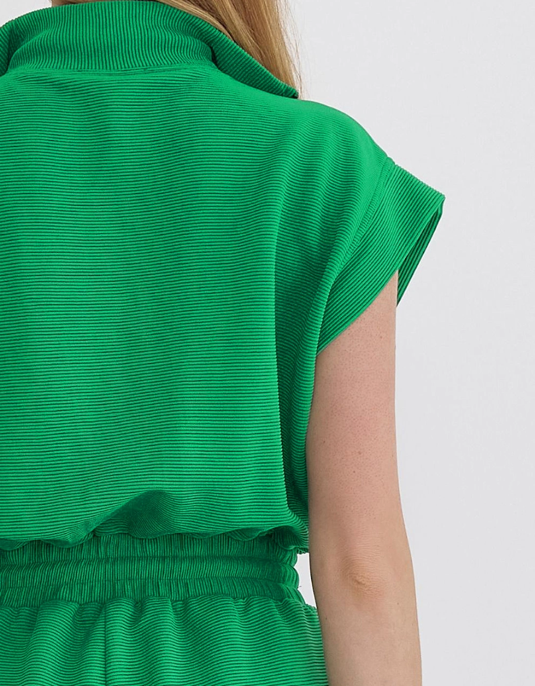 Bright Green Textured Short Sleeve Half Zip Drawstring Waist Romper