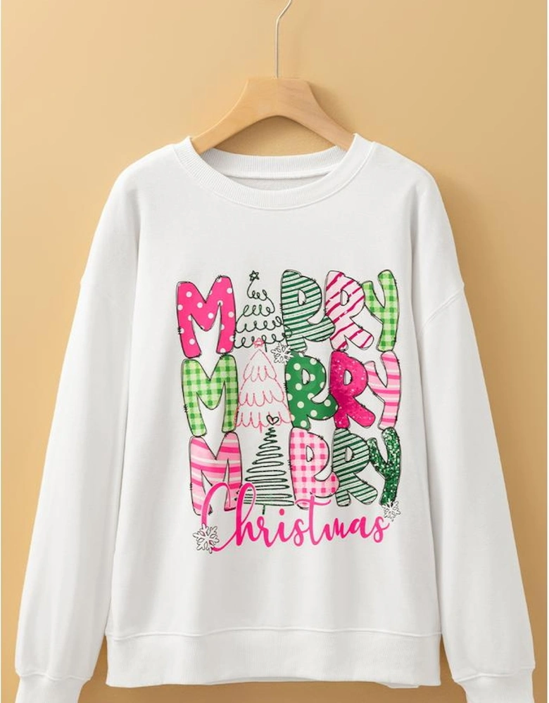 Beige MERRY Christmas Printed Drop Shoulder Pullover Sweatshirt