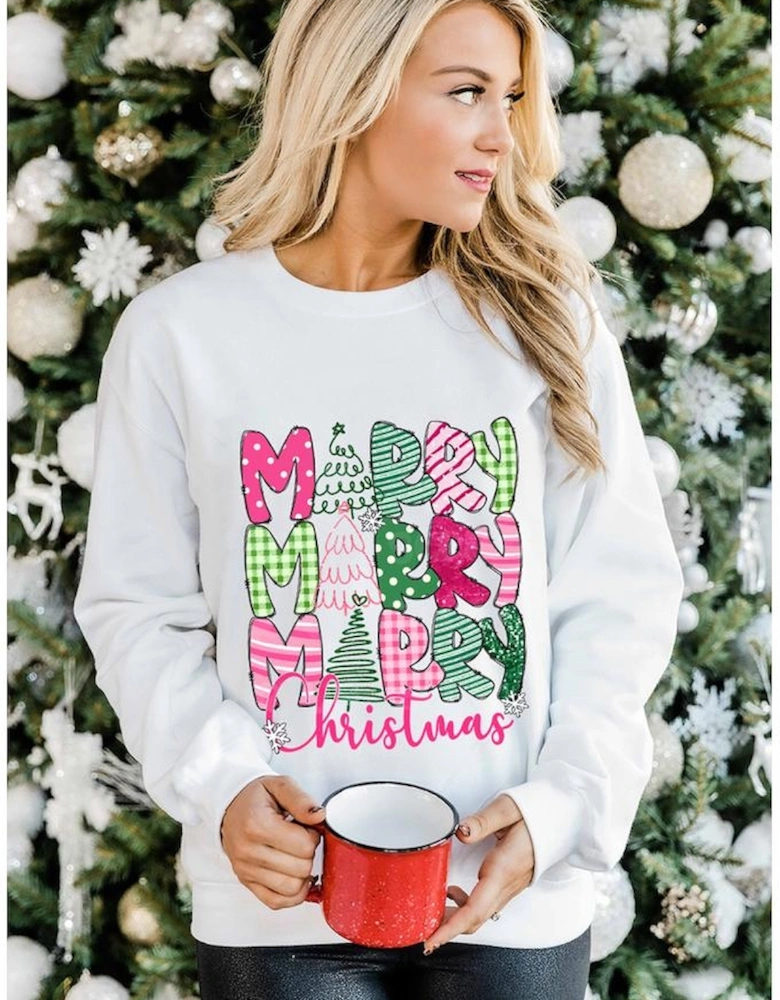Beige MERRY Christmas Printed Drop Shoulder Pullover Sweatshirt