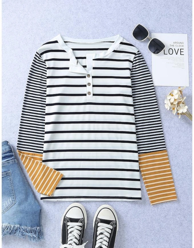 Long Sleeve Stripe Button Henley Top