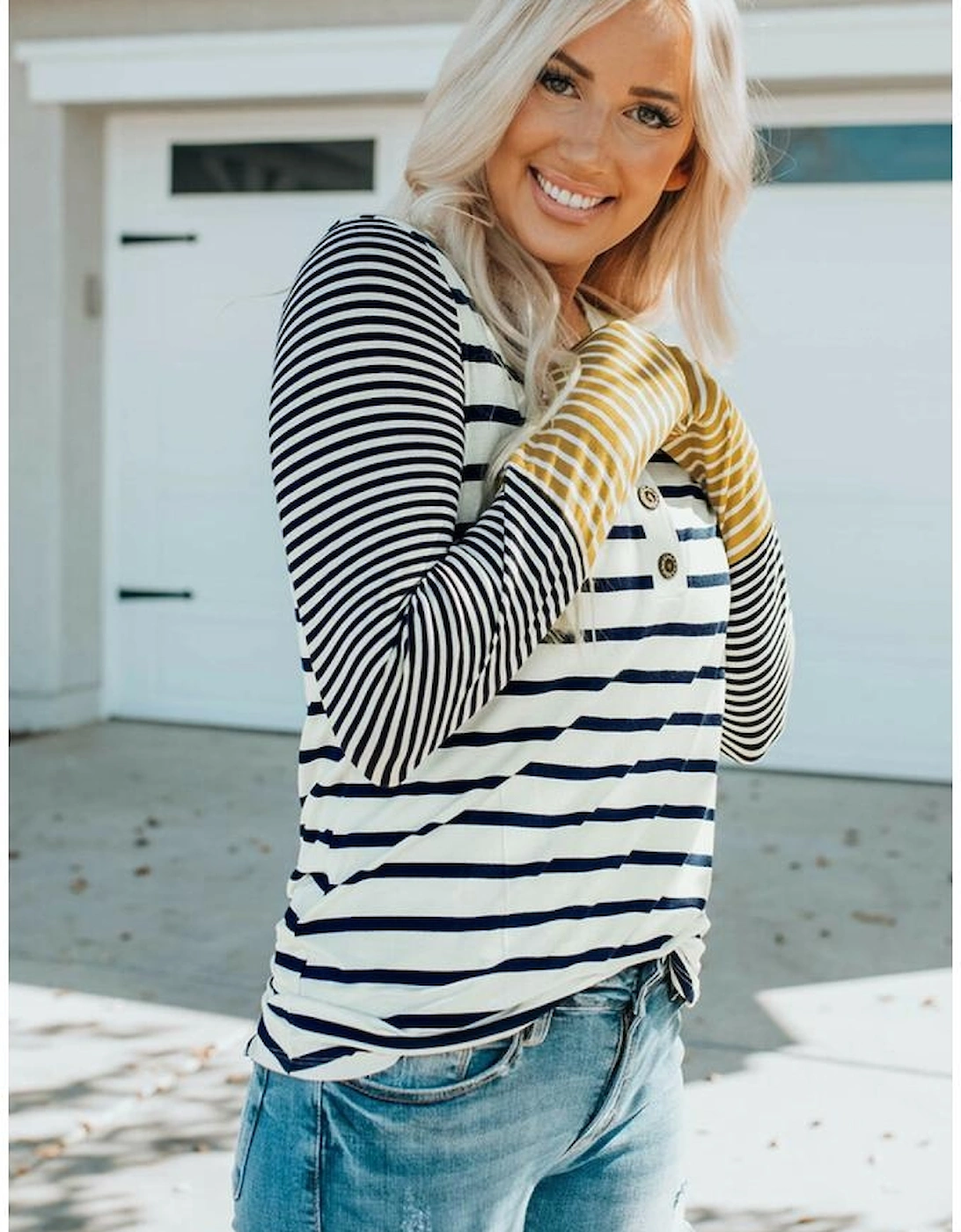 Long Sleeve Stripe Button Henley Top