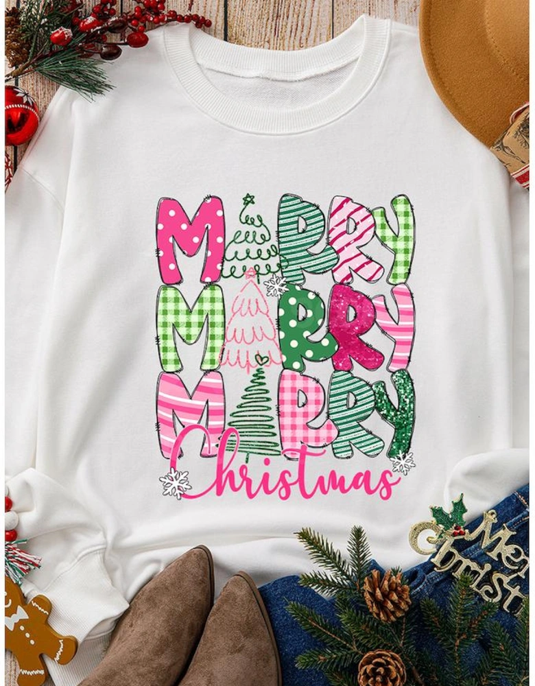 Beige MERRY Christmas Printed Drop Shoulder Pullover Sweatshirt
