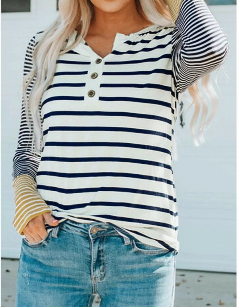 Long Sleeve Stripe Button Henley Top